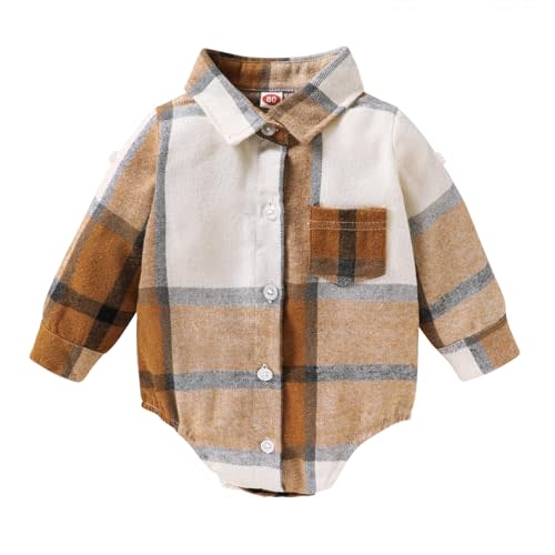 HAPPYMA Newborn Baby Boy Girls Plaid Outfit Flannel Romper Tops Infant Long Sleeve Button Down Plaid Casual Bodysuit Clothes