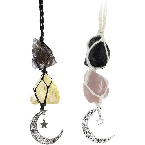 BOHO GARDEN Crystal Hanging Car Charm - Rear View Mirror Hanging Car Accessories for Women, Moon Decor Hanging Ornament - 2-Pack Black Tourmaline & Rose Quartz, Smoky Quartz & Citrine