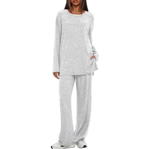 Darong Women's 2 Piece Lounge Set Casual Long Sleeve Crew Neck Tops Wide Leg Pants Travel Airport Outfit Matching Sets