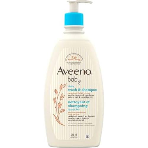 Aveeno Baby Daily Moisture Wash & Shampoo, Tear-Free, 18 fl. oz | 2-in-1 Baby Wash and Hair Shampoo with Oat Extract, for Sensitive Skin and Hair, No Added Parabens