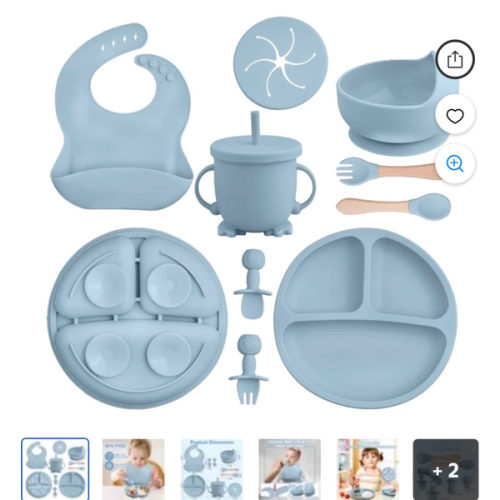 Lumikrypt Juego de Alimentación para Bebé de Silicona de 9 Pzas, Utensilios para Destete Guiado por el Bebé, Tazón con Succión para Bebé, Platos, Babero, Juego de Cucharas, Vaso con Popote, Juego de Suministros para Autoalimentación Del Bebé (Gris Azul)