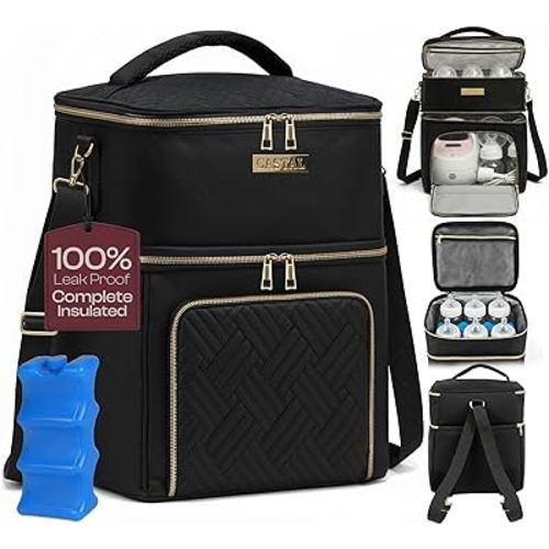 Castal Breast Pump Bag Spectra S1 S2–Insulated Spectra Pump Bag, Breastmilk Cooler Bag with Ice Pack–Leak-Proof Double Layer Breast Pump Travel Bag Holds 6 Milk Bottles with Elastic Strap–Black