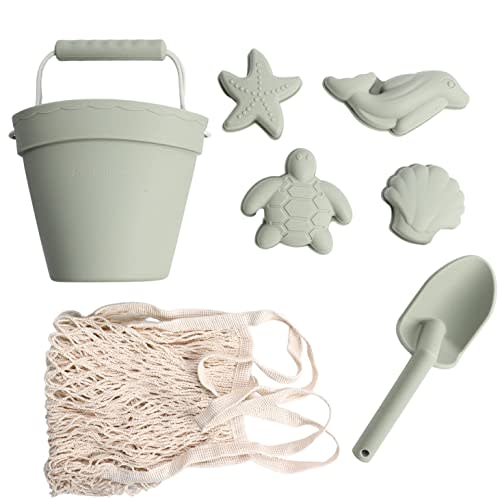 BraveJusticeKidsCo. Silicone Beach Toys - Modern Baby Travel Friendly Beach Set | Bucket, Shovel, 4 Sand Molds, Bag | Sand Toys for Toddlers, Kids - 7pc (Dusty Mint)
