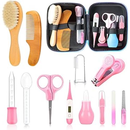 Baby Grooming Kit, Infant Safety Care Set with Hair Brush Comb Nail Clipper Nasal Aspirator,Baby Essentials Kit for Newborn Girls Boys(13 Pc Pink Kit)