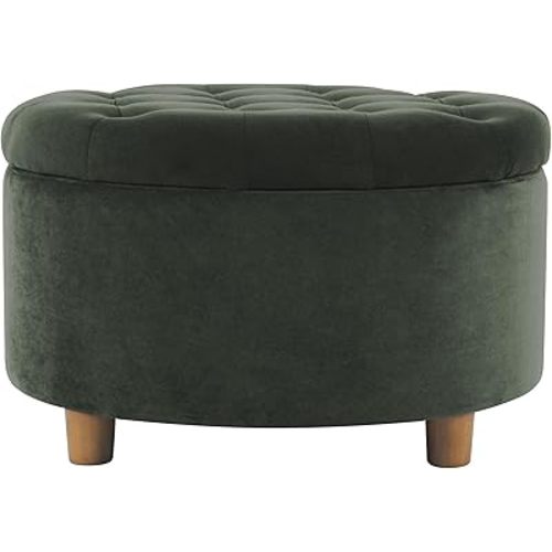 HomePop Home Decor | Large Button Tufted Velvet Round Storage Ottoman | Ottoman with Storage for Living Room & Bedroom, Loden Green Velvet, 28"
