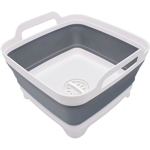 2.4 Gal(9L) Collapsible Dish Basin with Drain Plug, Space Saving Outdoor Multiuse Foldable Sink Tub, Dishpan, Kitchen Storage Tray for Camping, Vegetable Washing, RV (Gray)