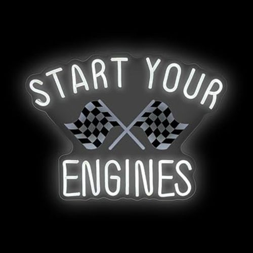 Start your engines Neon Sign, Checkered Flag Wall Decor, Raceday LED Light, Fast Cars Wall Art, Race Car Party Man Carved Bar Wall Decoration, White, 16.5"x12.4",