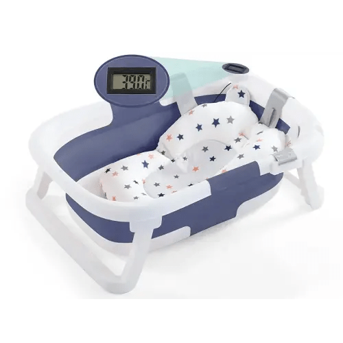 nordmiex Foldable Baby Bathtub for Infants to Toddler,Portable Travel Multifunctional with Drain Hole,Collapsible Newborn 0-36 Month (Blue White+Baby Bath Cushion+Waterproof Ear Cap)