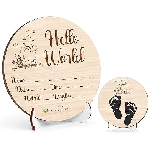 Winnie Baby Wooden Newborn Birth Sign, Winnie Hello World Newborn Signs, Pooh Double Sided Hello World for New Mom Babies Decor, Babies Name Plaques Photography Prop, Pooh Baby Announcement Sign