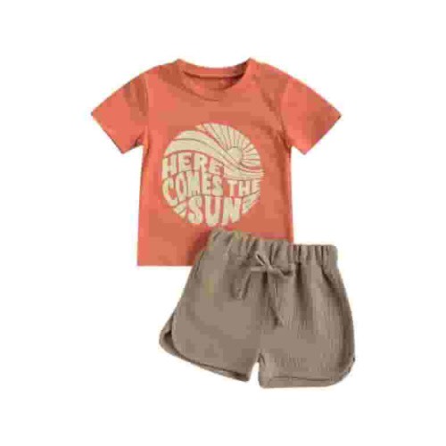 Qtinghua 2Pcs Toddler Baby Boy Summer Clothes Letter & Sun Pattern Short Sleeve Tops + Shorts Outfits Khaki 6-12 Months