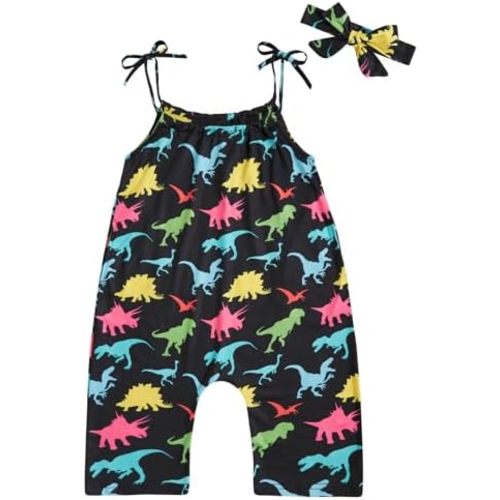 Toddler Baby Girls Romper Sleeveless Jumpsuit Summer Clothes Adjustable Tie-Up Strap with Pocket Headband 1-5T