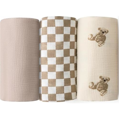 Little Jump Muslin Swaddle Blanket Baby - 40" x 47" Large Cotton Swaddling Blanket Soft Neutral 3 Pack (Coffee Checkered & Khaki & Teddy Bear)