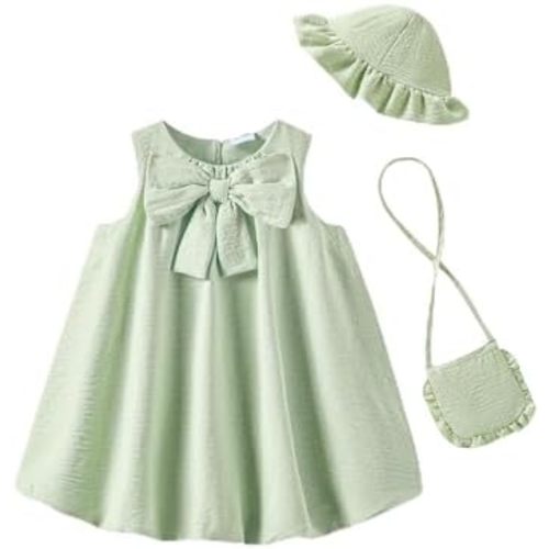SODLON Baby Girl Dress Summer Clothes Bow Bubble Dresses Infant 3-Piece Outfits Toddler Girls Linen Sleeveless Sundress 3M-3T