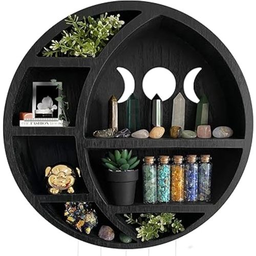 Ella & Emma Wooden Moon Shelf - Crescent Moon Crystal Storage & Wall Hanging Shelves for Bedroom Aesthetic, Moon Phase Wall Decor & Display Shelf, Pinewood, Black