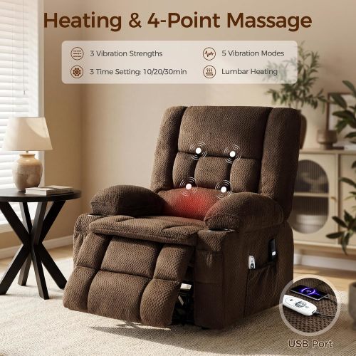 Power Lift Recliner Chair for Elderly, Electric Reclining Lift Chair with Massage and Heating, Comfy Overstuffed Recliner Single Sofa with Cup Holders, Pockets, USB Charge Port for Living Room, Brown