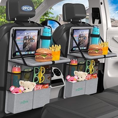 Car Backseat Organizer with Tablet Holder,11 Storage Pockets with Foldable Food Tray, Protector Kick Mats for Kids, Travel Accessories Organizer (Gray, 2Pack)