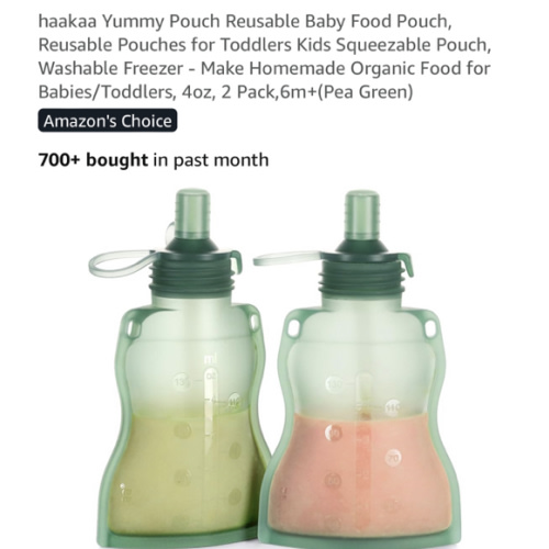 haakaa Yummy Pouch Reusable Baby Food Pouch, Reusable Pouches for Toddlers Kids Squeezable Pouch, Washable Freezer - Make Homemade Organic Food for Babies/Toddlers, 4oz, 2 Pack,6m+(Pea Green)