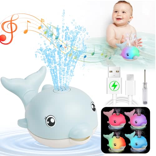 Bath Toys, Light Up Dolphin Baby Bath Toys for Babies 6-12 12-18 Months, Rechargeable Sprinkler Musical Toys, Easter Basket Stuffers Bathtub Toys for Toddlers 1-3 2-4 Boys Girls Infant Kids- Blue