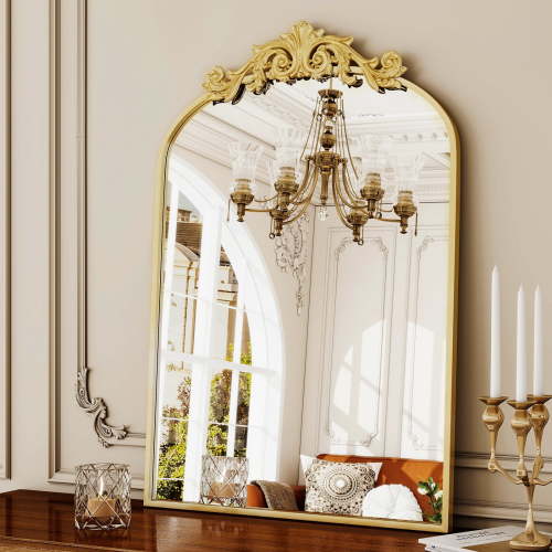 BEAUTYPEAK 32"x 20" Arched Bathroom Mirror Baroque Style Wall Decor,Gold