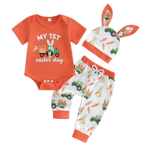 WUANDIXFA My First Easter Baby Boy Outfit Excavator Boy Bunny Short Sleeve Romper Pants Hat Onesie Clothes (Orange, 3-6 Months)