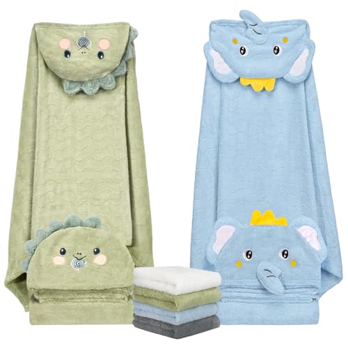 6 PCS Toddler Bath Towel Set for Boy Girl 0-5 Year, 2 PCS Thick Absorbent Hooded Baby Bath Towels Large 55" x 27.5" & 4 PCS Washcloths, Ultra Soft Gift for Infant, Toddler, Kids, Dinosaur & Elephant