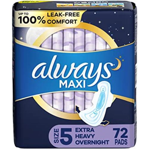 Always Maxi Overnight Pads with Wings, Size 5, Extra Heavy Overnight, Unscented, 72 Count