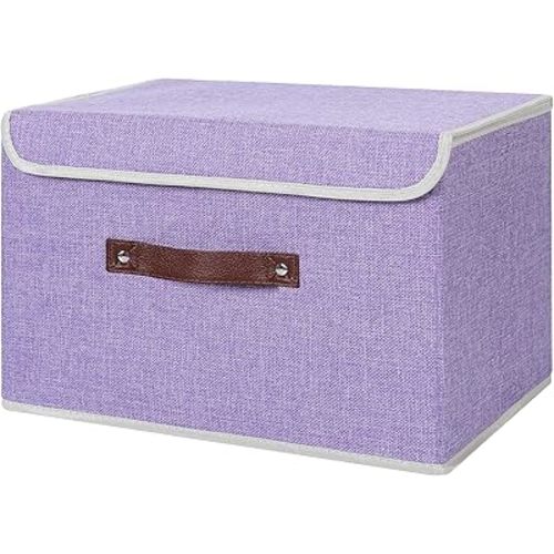 ANMINY Storage Bin with Lid Storage Boxes with PU Leather Handles PP Plastic Board Decorative Foldable Lidded Cotton Linen Fabric Home Cubes Baskets Closet Organizer Container - Purple, Large Size
