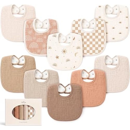 Konssy 10-Pack Muslin Baby Bibs for Drooling and Teething