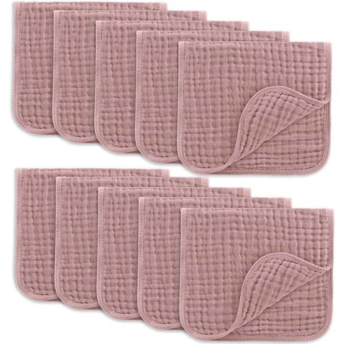 Comfy Cubs Muslin Burp Cloths 20" x 10", Pack of 10 - Large, 6-Layer, Ultra Absorbent 100% Cotton for Baby Drool and Messes - Soft, Safe & Gentle Baby Burp Cloths for Boys & Girls - Mauve