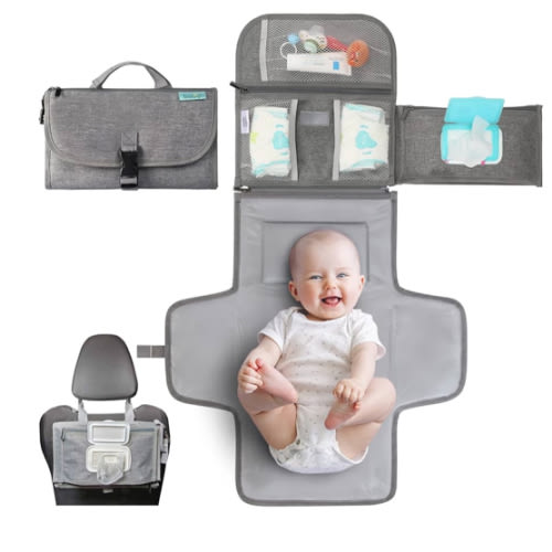 Kopi Baby Portable Diaper Changing Pad - Baby Diaper Changer Travel Bag with Wipes Pocket, Smart Design Portable Changing Mat, Infant Travel Station Kit, Gift for Newborn Girl & Boy - Grey, Premium