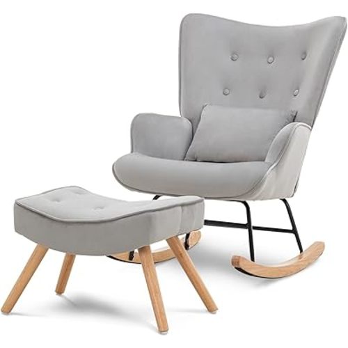 Artechworks Modern Velvet Rocking Chair, Glider Chair with Ottoman Cushion, Nursery Mid Century Upholstered Tufted Chair Rocking Armchair Rocker Accent Chair for Livingroom, Balcony, Grey