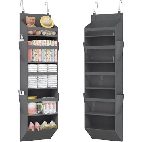 Lifewit 1 Pack Over the Door Organizer, 5 Section Clear Window Hanging Storage with 4 Side Pockets, Sturdy Anti Tilt 40 lbs Load Behind Door for Closet, Bedroom, Bathroom, Nursery, Dorm, Dark Gray