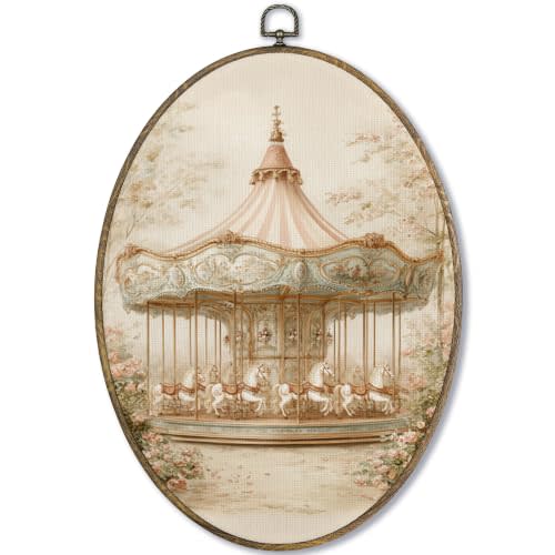 Fewgb Vintage Girls Nursery Carousel Oval Wall Art Decor, Baby Girls Toddler Kids Room Playroom Bedroom Canvas Wall Art Framed Prints, Cottagecore Whimsical Hanging Room Decor Picture Artwork 9x12