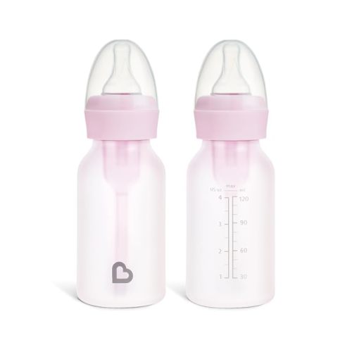 Munchkin Bond Silicone Coated Glass Baby Bottles - Anti-Colic Feeding System with Natural Feel Nipples, 4 Ounce, 2 Pack, Pink