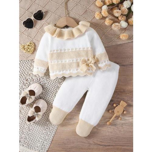 SHEIN 2 Pieces Baby Girls Ruffled Collar Knit Sweater And Matching Pants Set, Soft, Warm, Versatile, Pink & White, Elegant, Stylish, Suitable For Autumn/Winter, Indoor, Outdoor, Travel | SHEIN USA