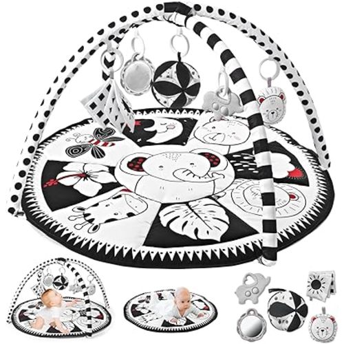 Black and White Tummy Time Mat, Play Mat for Babies 0-6 Months High Contrast Baby Play Activity Gym Baby Tummy Time Play Mat with 5 Toys for Early Sensory Exploration Newborn Infant Baby Playmat