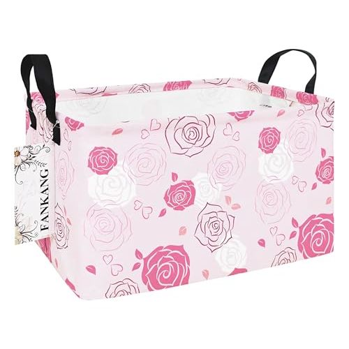 Storage Bins, Nursery Hamper Canvas Laundry Basket Foldable with Waterproof PE Coating Large Storage Baskets for Kids Boys and Girls, Office, Bedroom, Clothes,Toys(Rec-Pink roses )