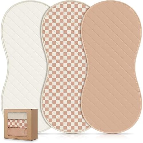 Moukeren 3pcs Quilted Thicker Changing Pad Liners Fits in Peanut Shape Changing Pad Waterproof Diaper Mats Organic Cotton Peanut Mats are Warm on a Baby's Back Washable Reusable(Brown,Checker)