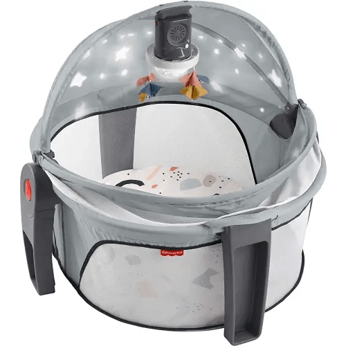 Fisher-Price Portable Baby Bassinet and Play Space Deluxe On-the-Go Projection Dome with Lights Music and Canopy, Paper Shapes
