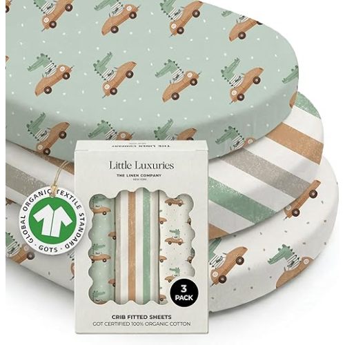 100% Organic Cotton Baby Crib Sheets (3-Pack) – GOTS Certified, Soft Fitted Sheets for Mini Mattress & Pack n Play, 5" Deep Pocket with Secure Elastic Fit, Boys & Girls, 27" x 39" (Croc Race)