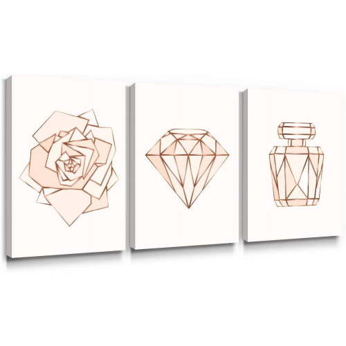 Pink Wall Art Bedroom Modern Pictures Fashion Canvas Prints Rose Gold Paintings Geometric Love Framed Artwork Teen Girls Dorm Decorations,12x12 in