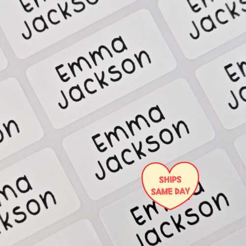 30 Waterproof Name Stickers, Dishwasher Safe, Personalized White Name Labels for School, Daycare, Camp, Small Business, Back to School
