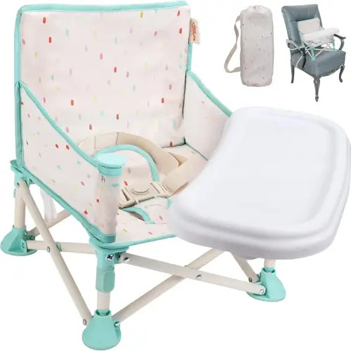 Tiny Marvels Portable 3-in-1 Baby Booster Seat, Cozy Floor Seat, Feeding Seat with Tray, Compact Foldable Toddler Booster with Child Safety Belt Carry Bag, Perfect for Travel (Cream Confetti)
