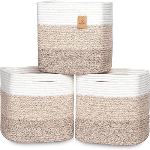 NaturalCozy 13 Inch Cube Storage Bins Cotton Rope Woven Baskets for Organizing 3-Pack | 13 x 13 Storage Cubes | Fabric Square Storage Baskets for Shelves Organizer, Kids Toy Bins, Closet Baby Nursery