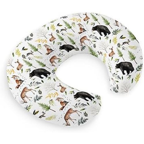 HawSkgFub Forest Animals Creatures Nursing Pillow Cover for Baby Boys, Pine Tree Bear Fox Deer Leaf Breastfeeding Pillow Slipcover, Nursing Pillowcase for Newborn Infant, Cover Only