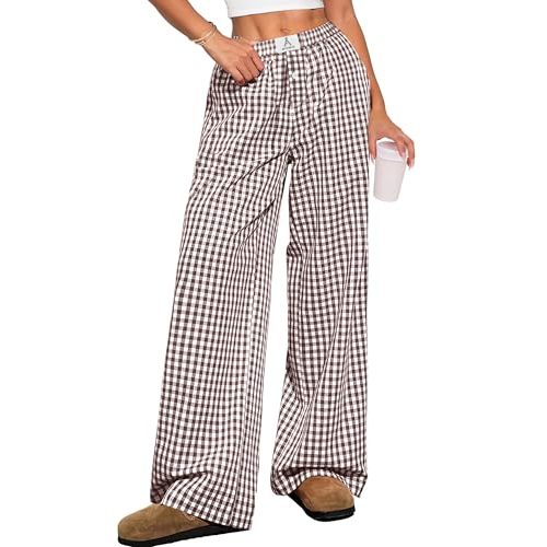 ANRABESS Womens Gingham Striped Boxer Pants | 2026 Fall Outfits,Wide Leg Elastic Waist with Pockets,Casual Lounge Pajama Bottoms,Lightweight Breathable,Fashion Clothing