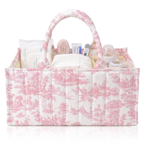 Shinylin Diaper Caddy Organizer with Pink Toile De Jouy Portable Nursery Storage Basket with Handle and Removable Dividers Vintage French Storage Bin for Diaper Caddy Wipes Organizer Baby Shower Favor