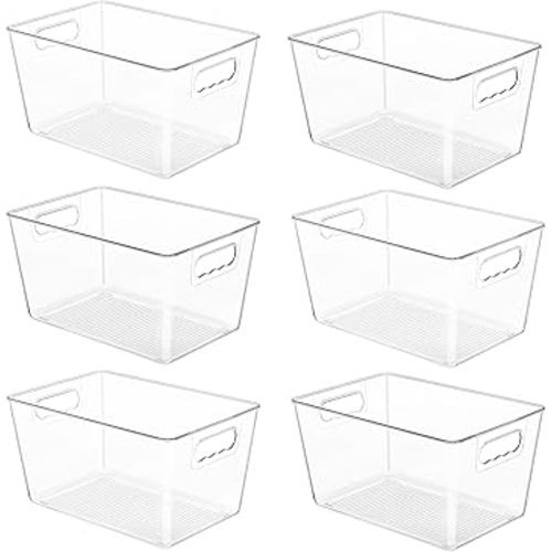 YIHONG 6 Pack Clear Pantry Organizer Bins, Plastic Containers with Handle for Kitchen,Freezer,Cabinet,Closet,Bathroom Under Sink Storage