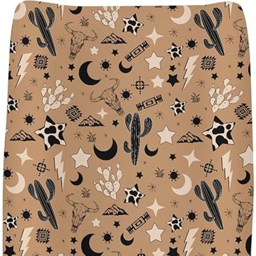 Vintage Western Changing Pad Covers for Baby Girls Boys Cowboy Cactus Cow Skull Moon Stars Sun Totem Fitted Change Table Covers Mats Wild West Desert Soft Diaper Change Table Cover Sheets 32''×16''