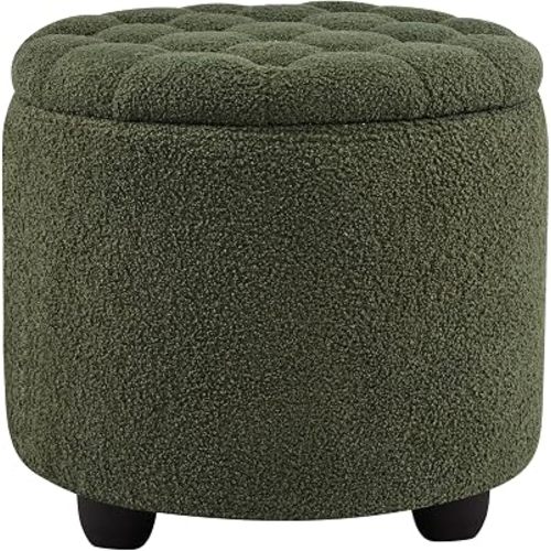 Furniliving Modern Round Storage Ottoman, Upholstered Button Tufted Ottoman Footstool Ottomans with Removable Lid Storage Footstool for Living Room, Bedroom, Makeup Room, Teddy, Green